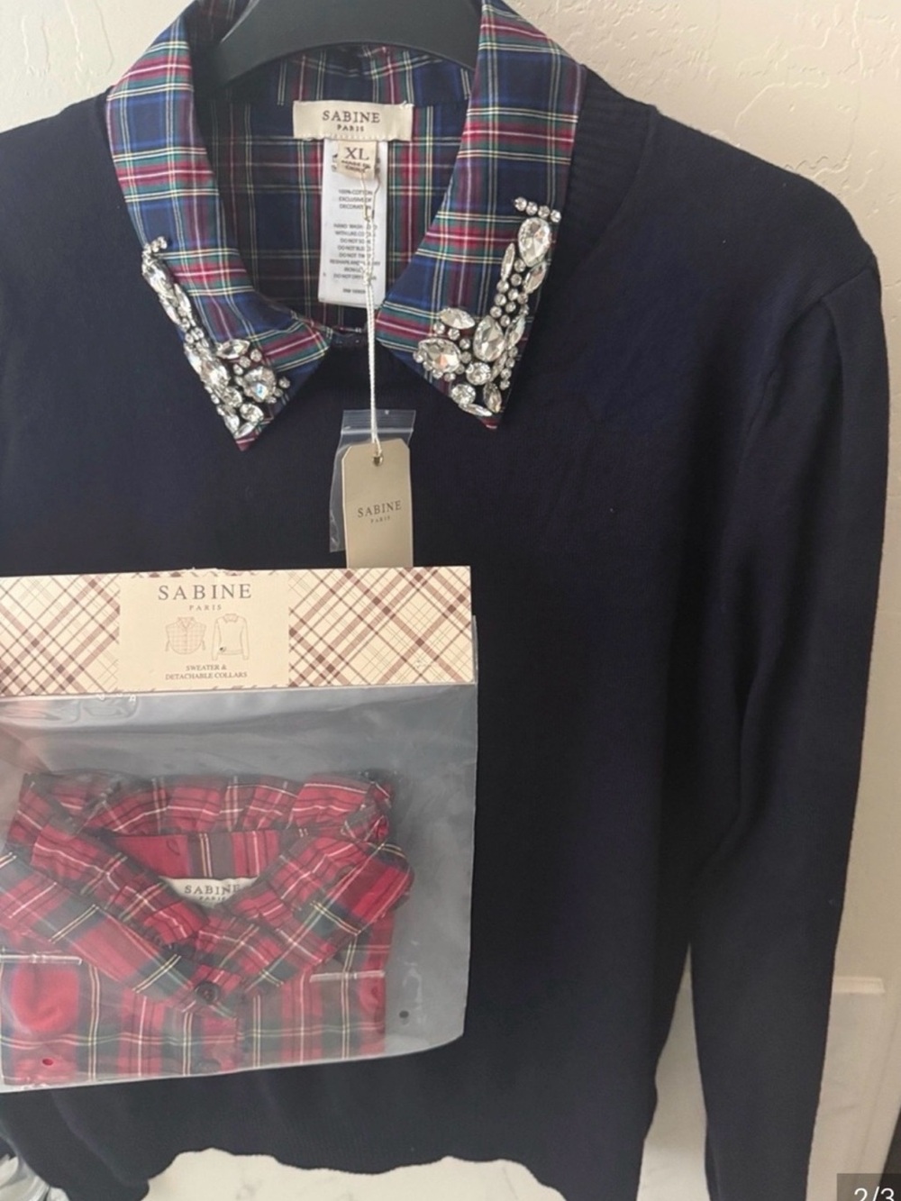 Sabine 💎Navy Crewneck Sweater with Jeweled Plaid Collar